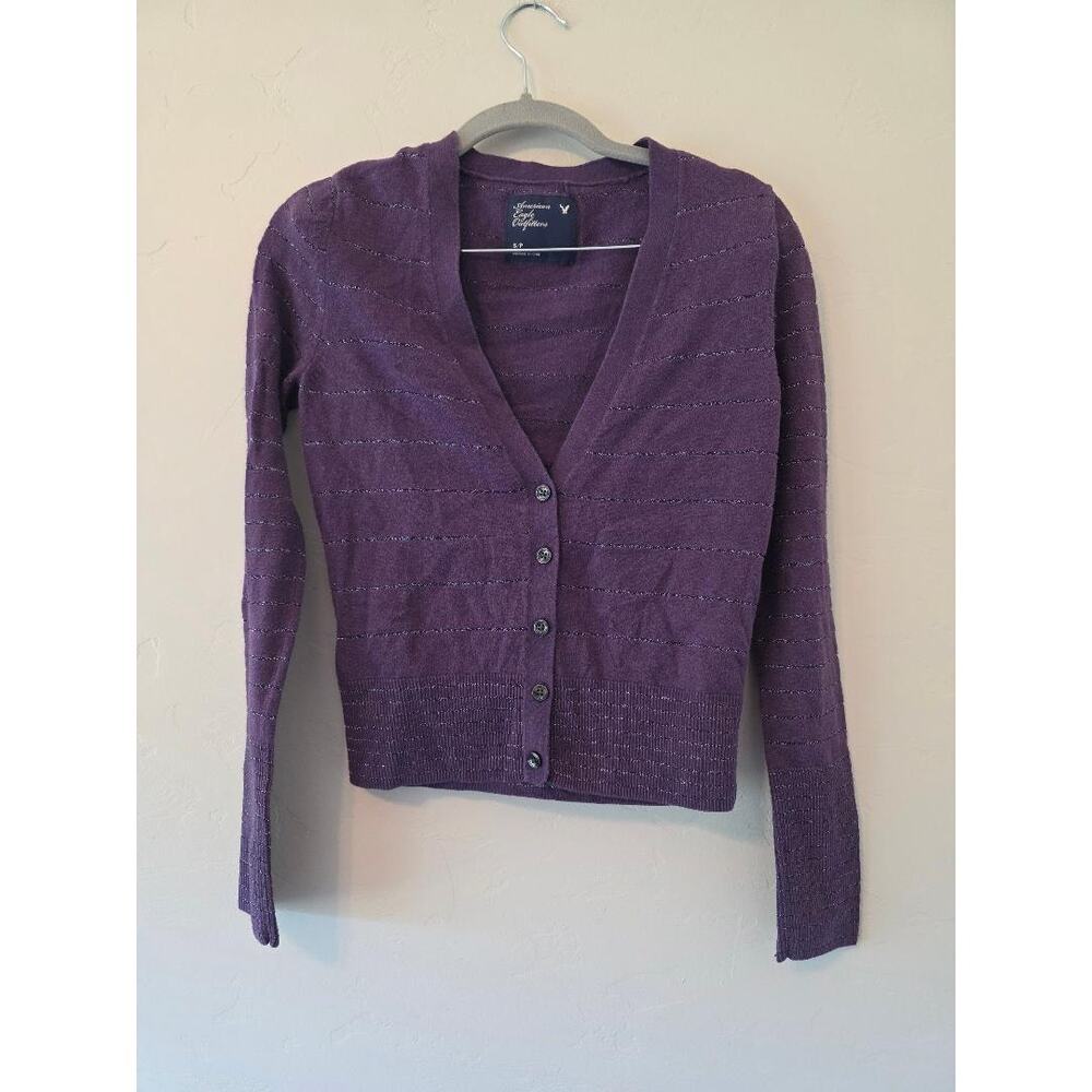 American Eagle Purple Metallic Cardigan Y2K Soft Girl Preppy Cropped Sweater S